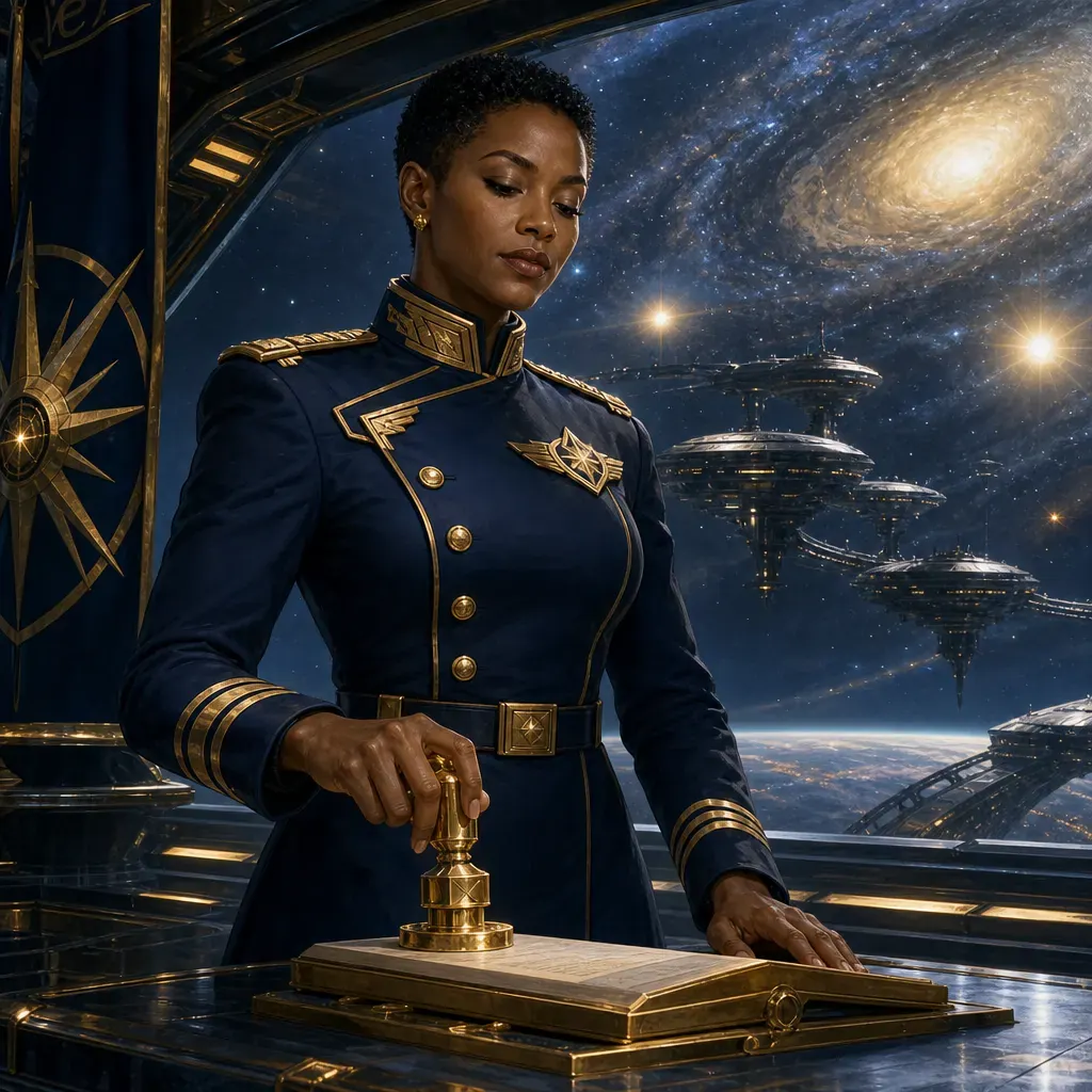 Generated concept of a fictional admiral planting a standard on an orbital deck, with a galaxy of berths beyond the glass.