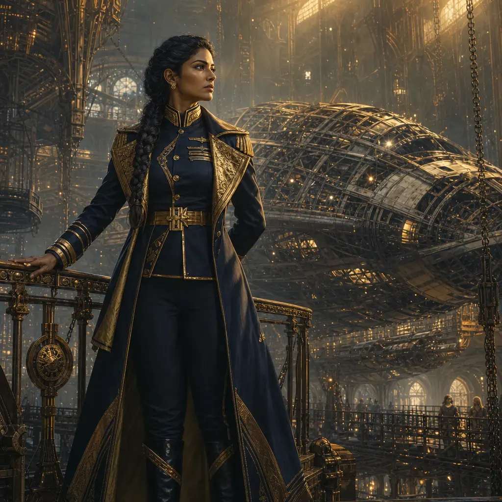 Generated concept of a fictional admiral inspecting a modular hull in a gold-lit shipyard.