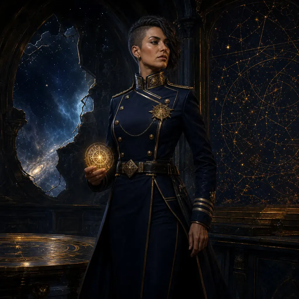 Generated concept of a fictional admiral in a dark relay chamber, holding a glowing command seal.