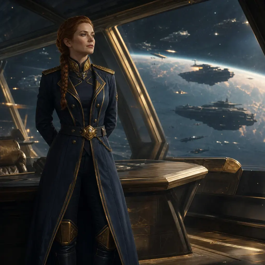 Generated concept of a fictional admiral on an enemy bridge, with a solar-system battle beyond the glass.