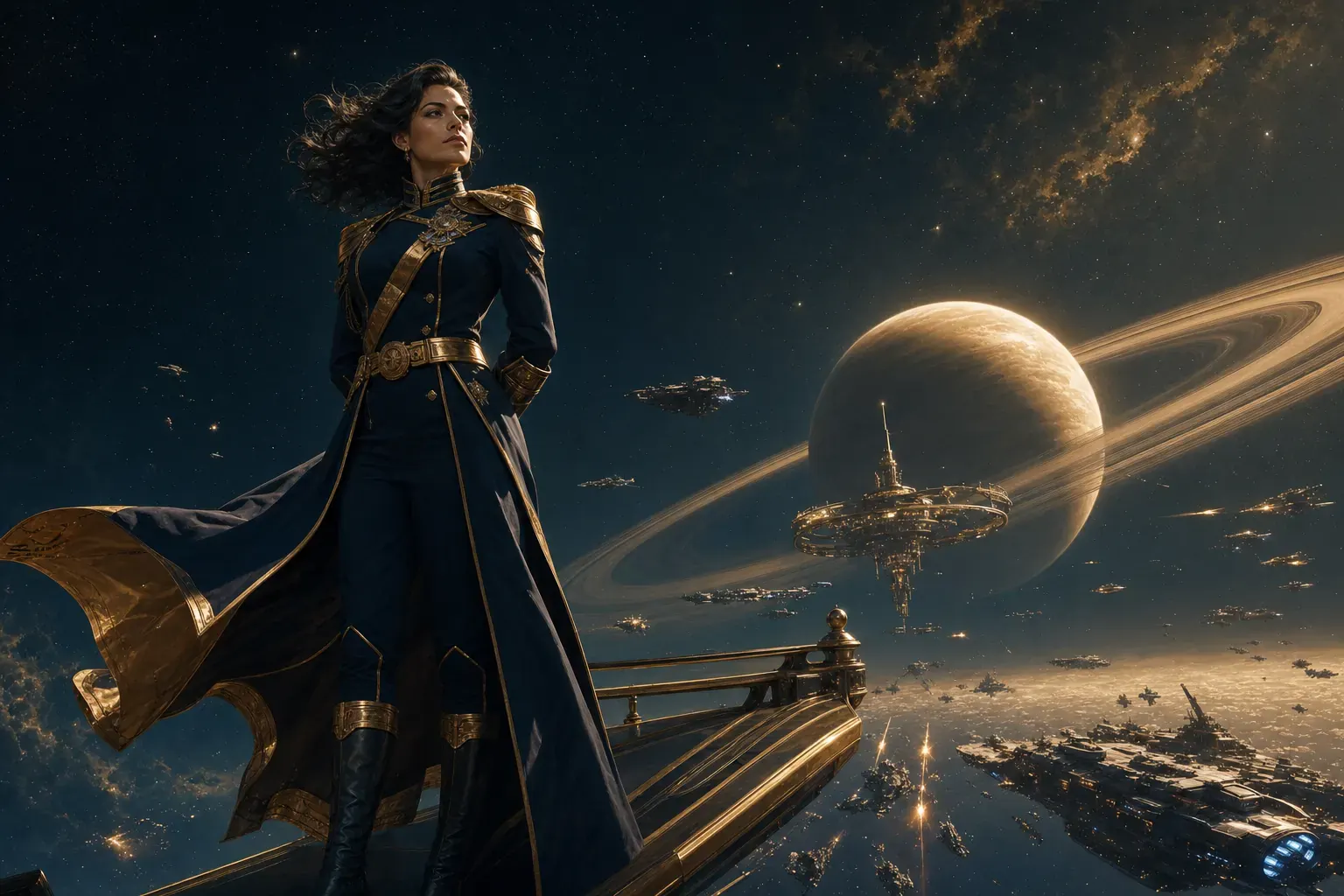 Wide generated concept of a fictional adult admiral before a solar-system fleet battle. The trailer has not been filmed.